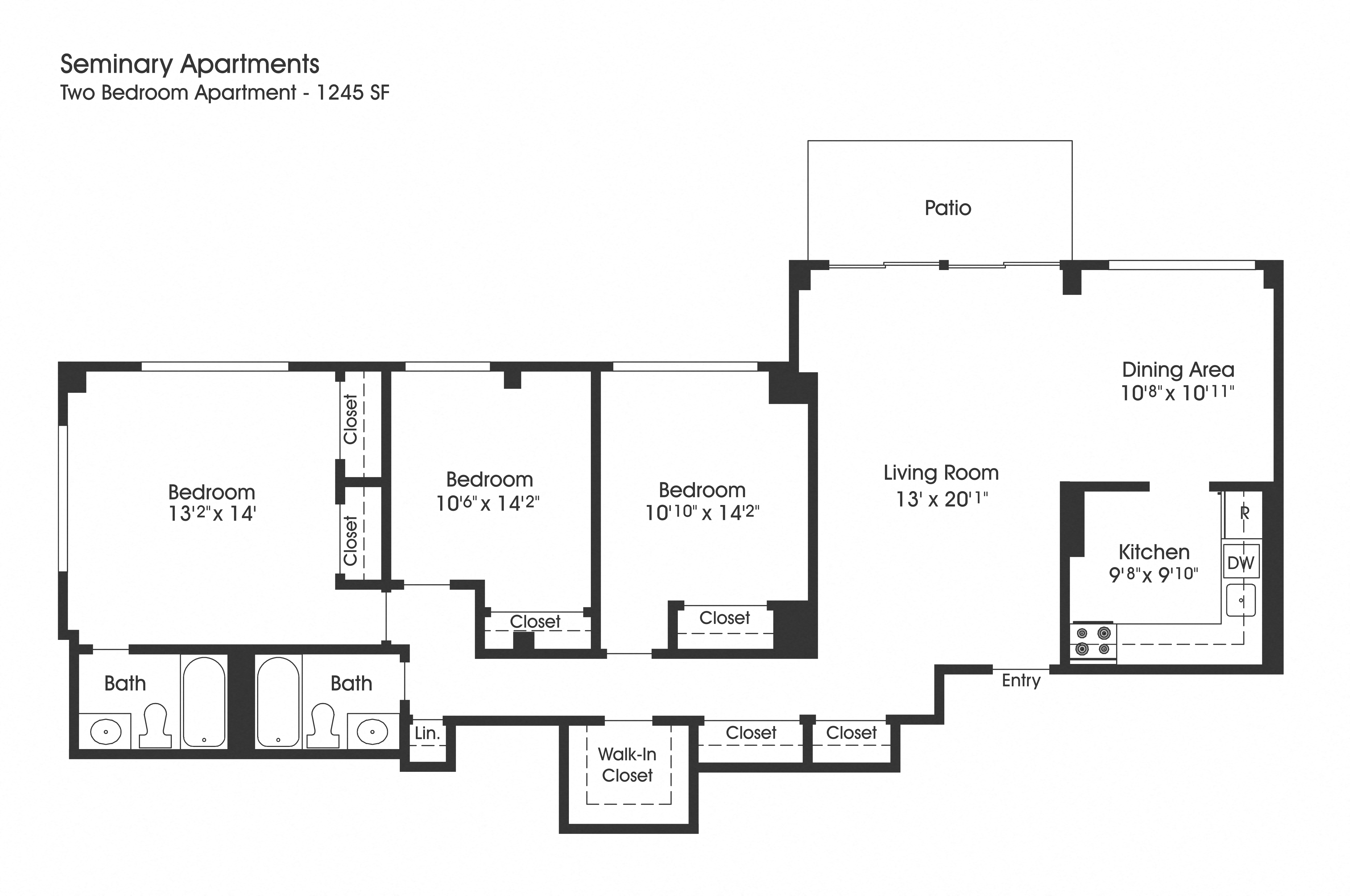 Floor plan for 3 beds, 2 baths, 1245 sqft